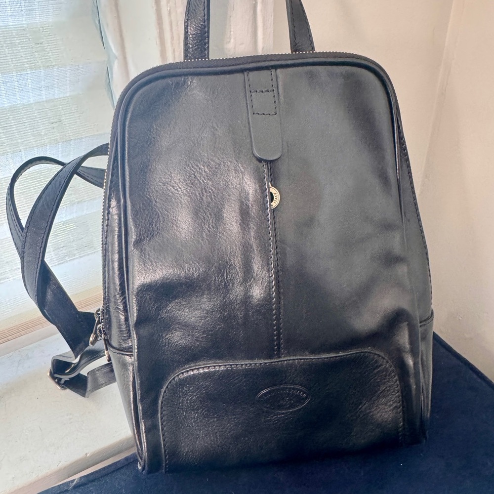 Sleek Black Leather Backpack with Glossy Finish